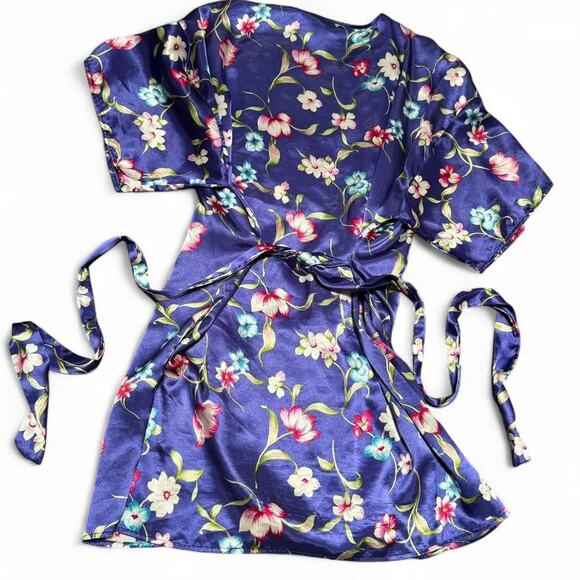 Vintage 80s Vassarette Satin Floral Kimono Robe Belted Lounge Sleepwear - Picture 6 of 8